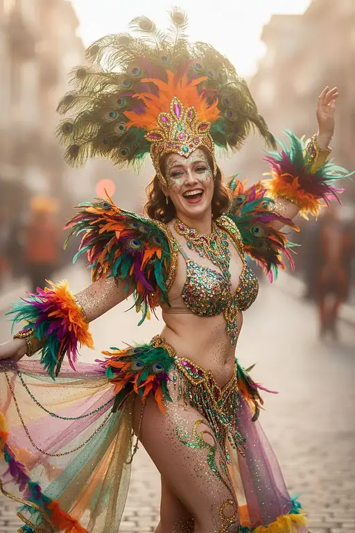 A vibrant full body portrait of a woman in a colorful carnival costume adorned with bright feathers and sequins, radiating joy.
