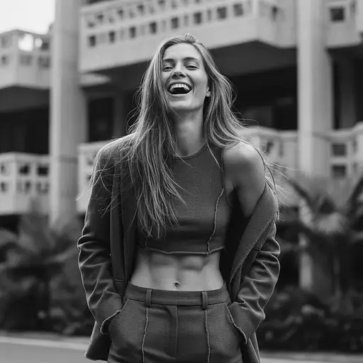 A joyful 20-year-old woman with extreme blond long hair, wearing a raw texture top, posing confidently against a Bali background.