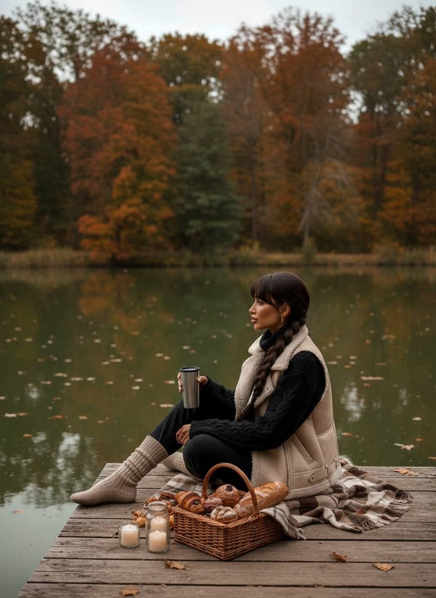 A serene scene of a person sitting on a wooden pier near a calm green pond, holding a metal cup, surrounded by autumn trees.