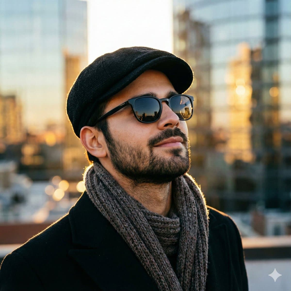 Close-up portrait of a man wearing a black coat and burnt grey scarf, looking up with a soft, calm smile during golden hour.