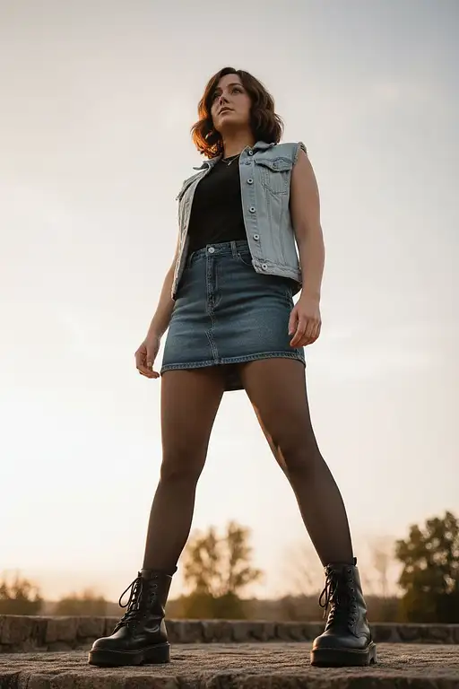 A woman positioned at an extremely low angle, showcasing her full outfit with a light blue denim vest and black tights, captured in warm natural light.