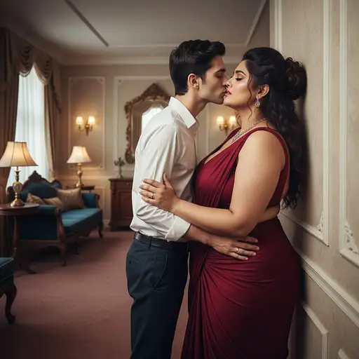 A beautiful Indian girl in an elegant saree, showcasing her figure with a stylish hairdo and makeup in a luxurious photo room.