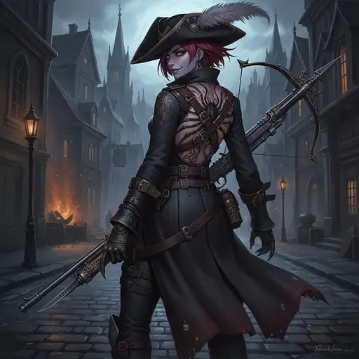 A hyper-realistic digital artwork of Widowmaker as a Bloodborne huntress, showcasing her intricate spider tattoo and confident gaze.