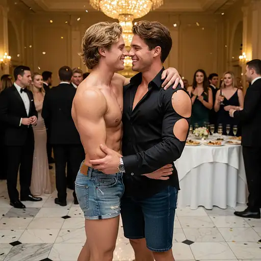A high-resolution image of two muscular young men in love at a black tie party, one with blonde hair and the other with brown hair.
