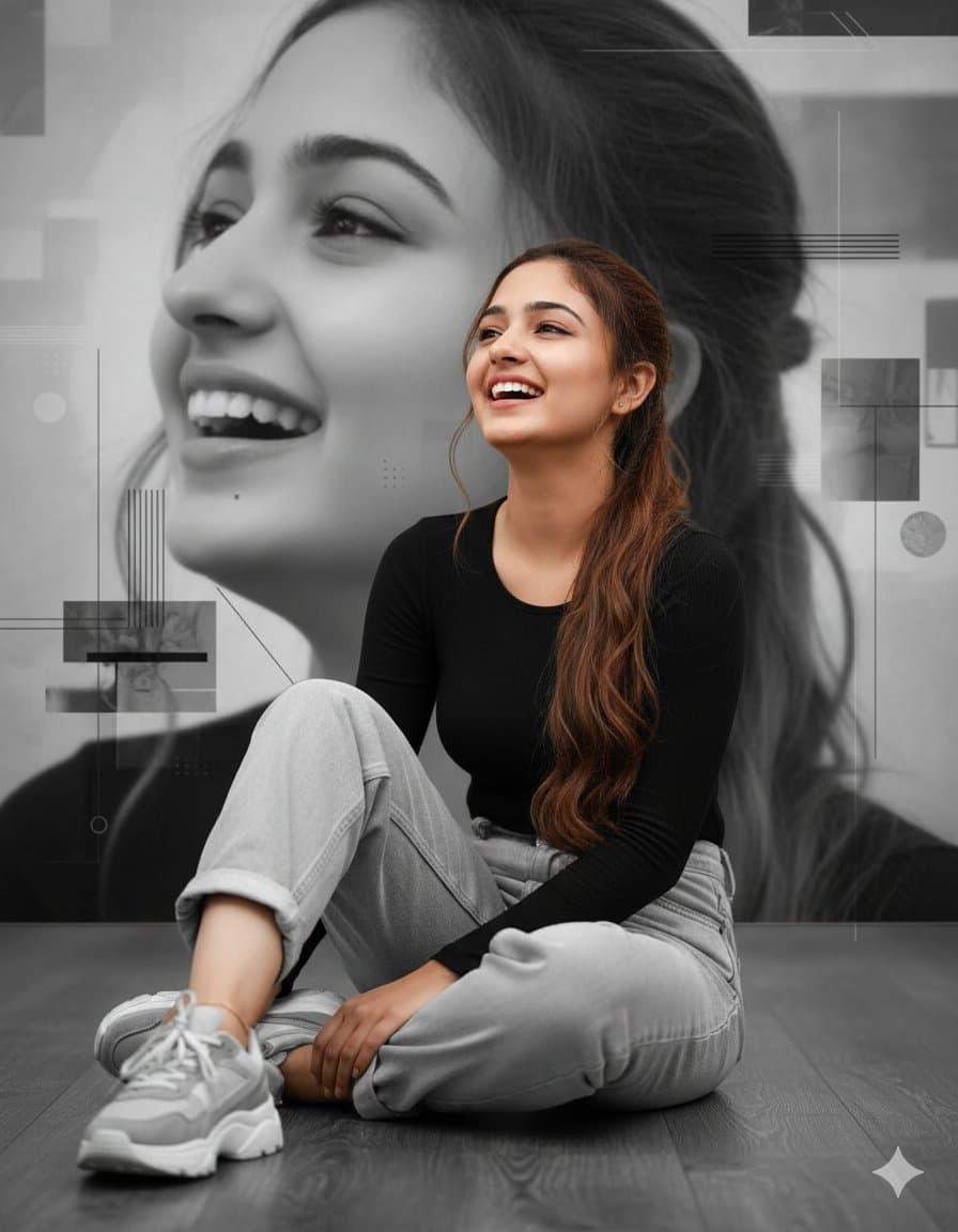 A woman elegantly seated on the floor in a modern black top, laughing with long wavy hair and a monochrome background.