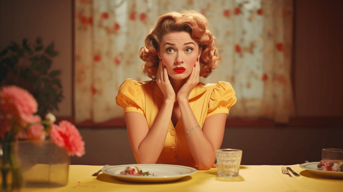 A serene 1950s housewife enjoying dinner alone amidst a chaotic and colorful background.
