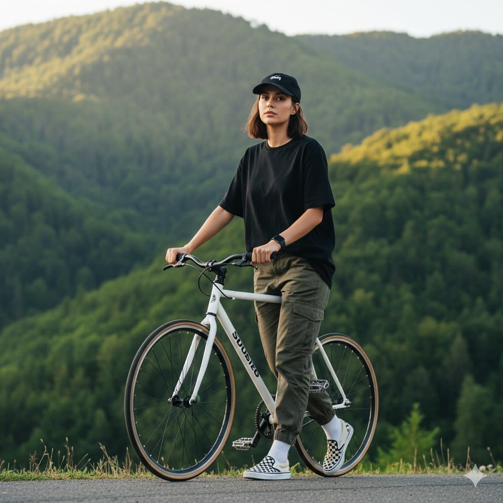 A stylish young woman in an oversized black t-shirt and army green pants, confidently pushing a white bicycle through lush greenery.