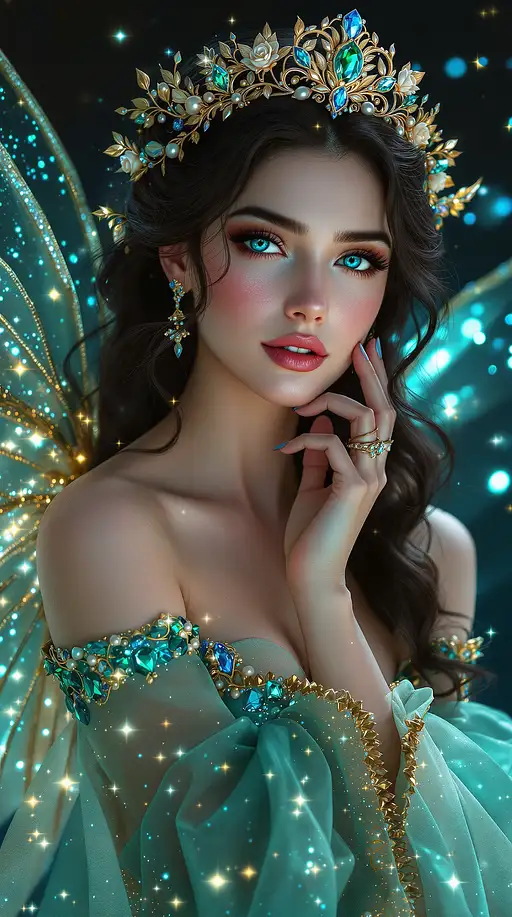 A stunning portrait of an ethereal fairy queen with glowing sapphire-blue eyes and a gemstone-studded tiara.