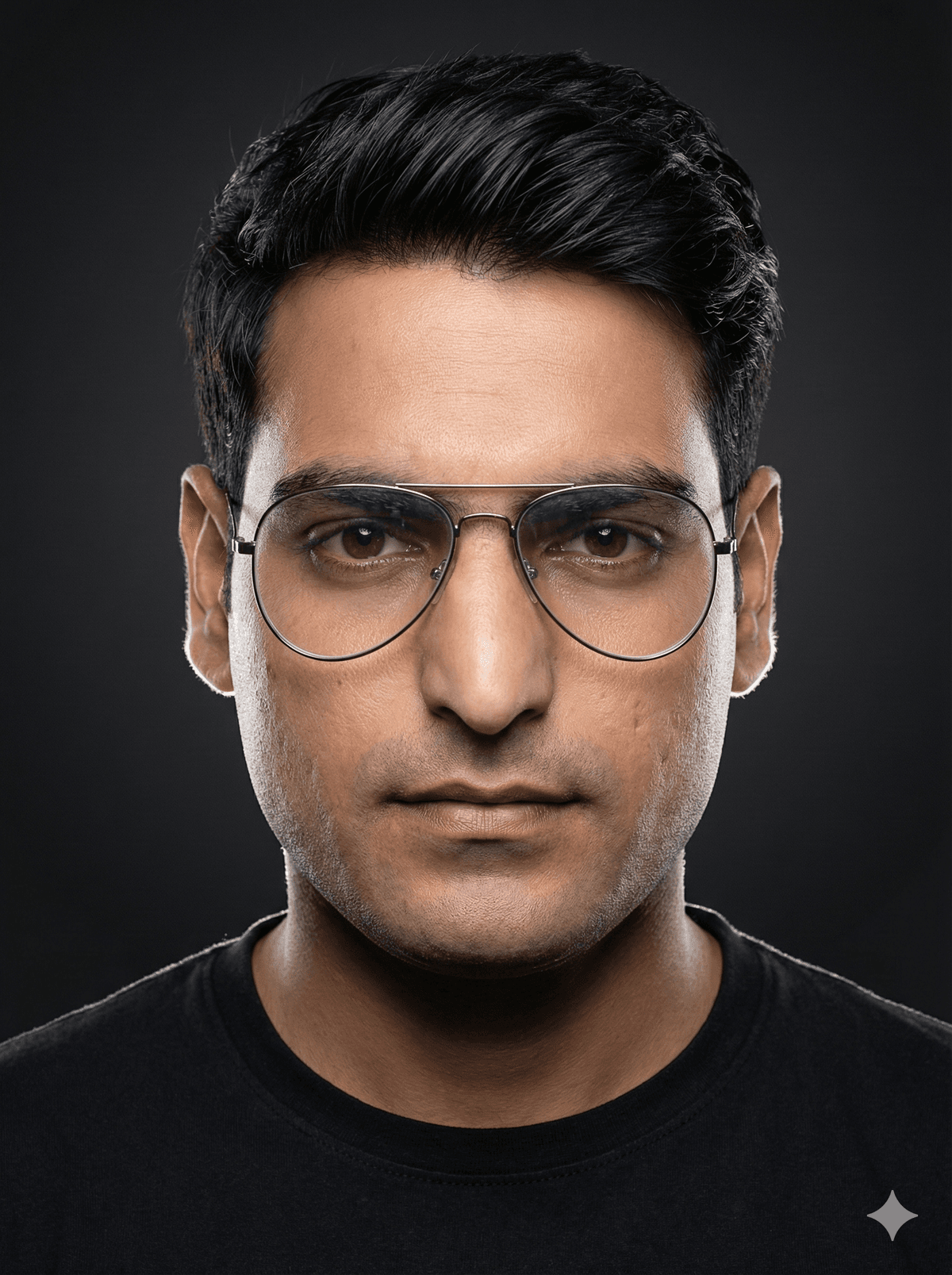 Ultra-realistic cinematic close-up portrait of a man wearing an aviator eyeglass and premium tee, softly lit with dark gradient background.