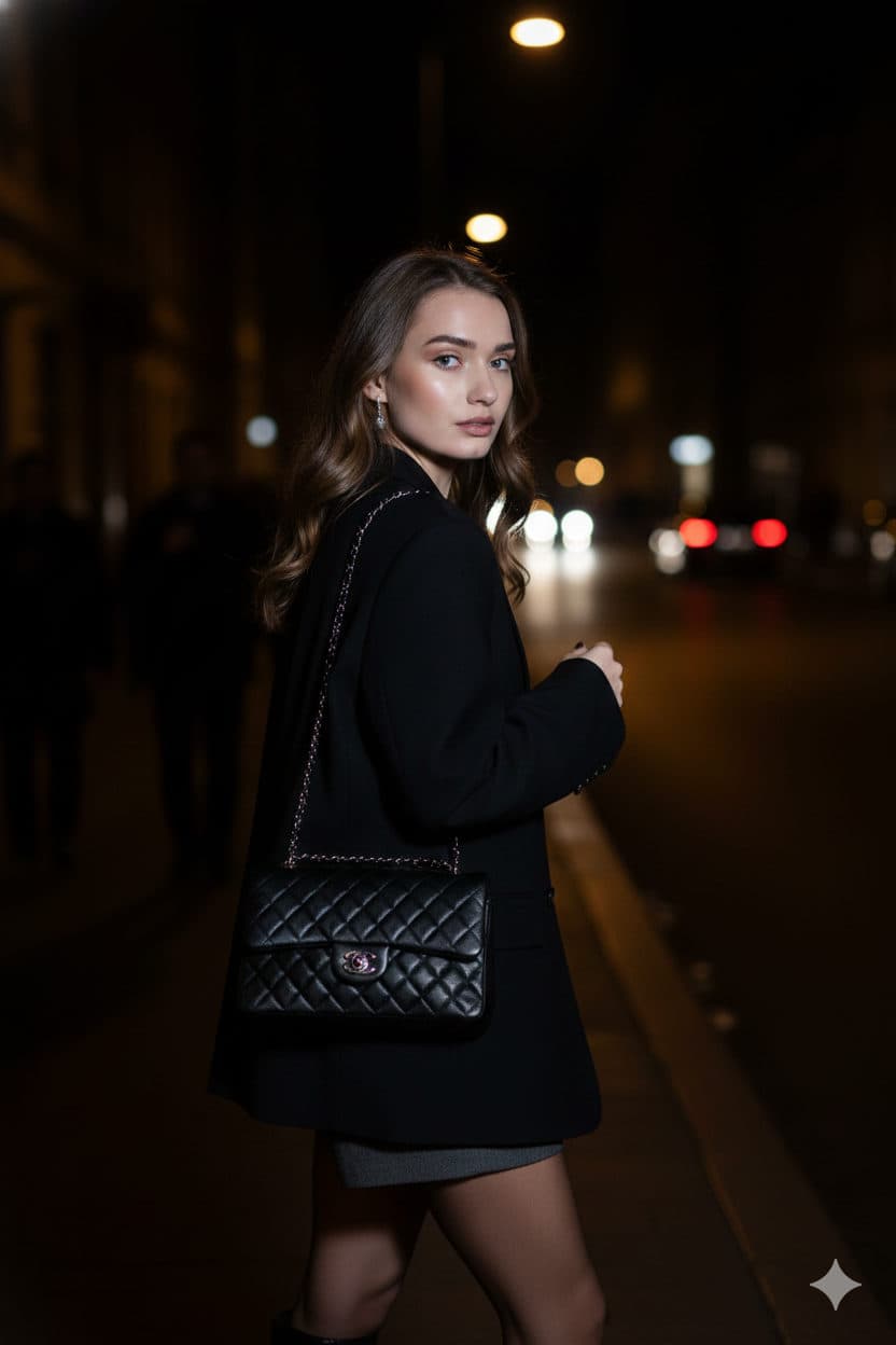 A girl captured in motion with a flash on a dark street, illuminated against a dim background of faint silhouettes and wet asphalt reflections.