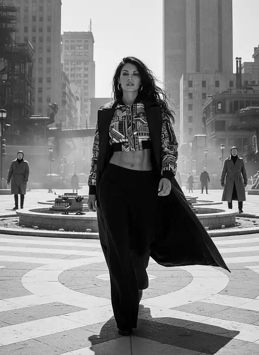 A young Colombian woman in a dramatic stride wearing a cropped bomber and palazzo pants, captured in a surreal black and white style.