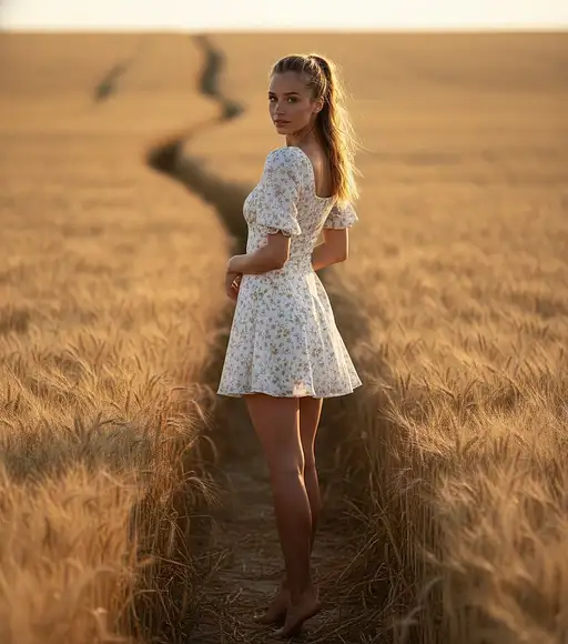 A woman with dark blonde hair in a short, floral dress pauses on a dirt path, looking back with a thoughtful expression.