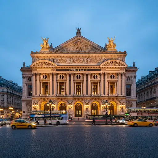 A majestic view of the Opéra de Paris illuminated at night.