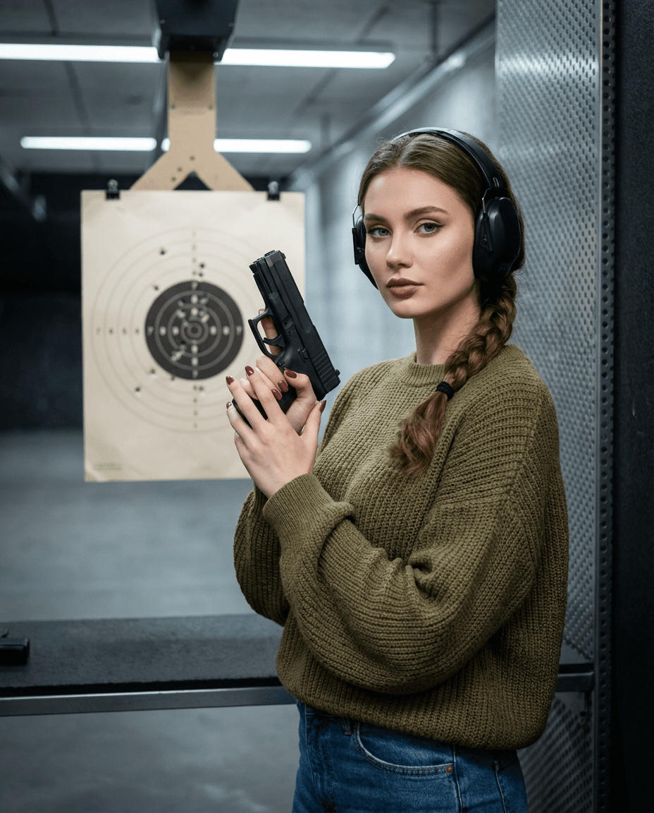 A photorealistic image of a person at an indoor shooting range, wearing ear protection and holding a pistol, with a paper target nearby.