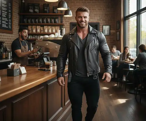 Hispanic barista in brown apron wearing a black leather jacket, showcasing confidence and style.