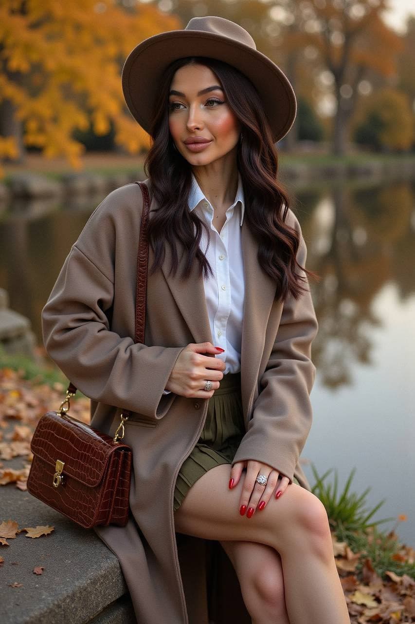 A graceful woman seated by a lake in autumn, wearing a taupe oversized coat and olive-green mini skirt, surrounded by golden trees.