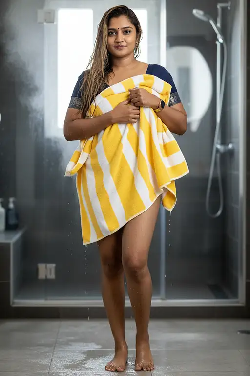 A beautiful 44-year-old dark blonde woman with long wet hair stepping out of the shower, holding a towel.