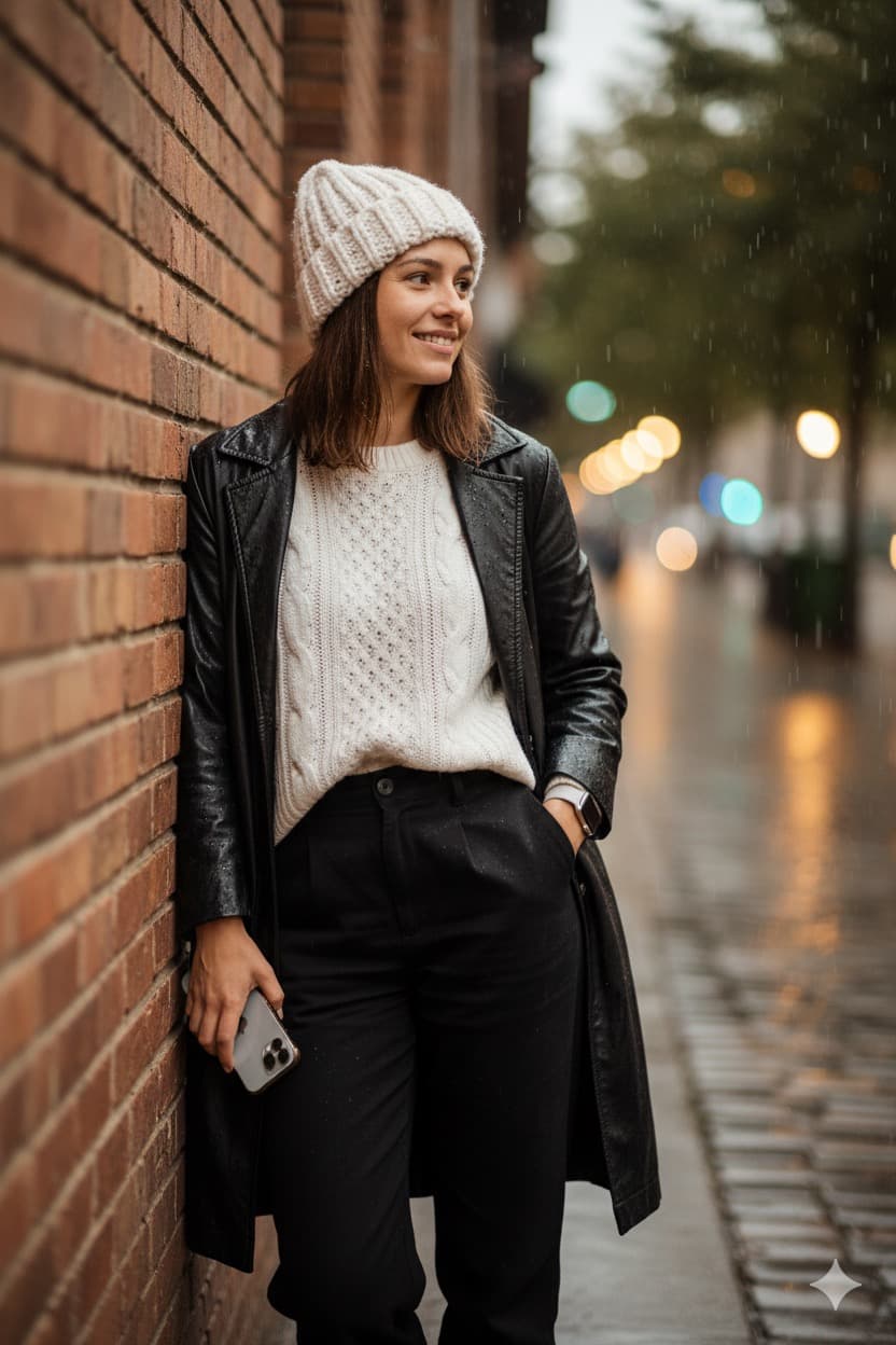 Ultra-realistic portrait of a person in an oversized white knitted outfit under rain, leaning against a wall with city lights in the background.