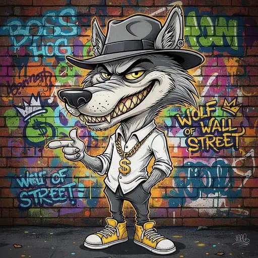 A funny caricature of a gangster wolf character, featuring an elderly European male with slick fur, a sly smile, and big cartoonish head.