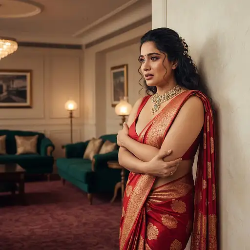 Full body view of a beautiful Indian girl in bold saree, standing against a luxurious backdrop.
