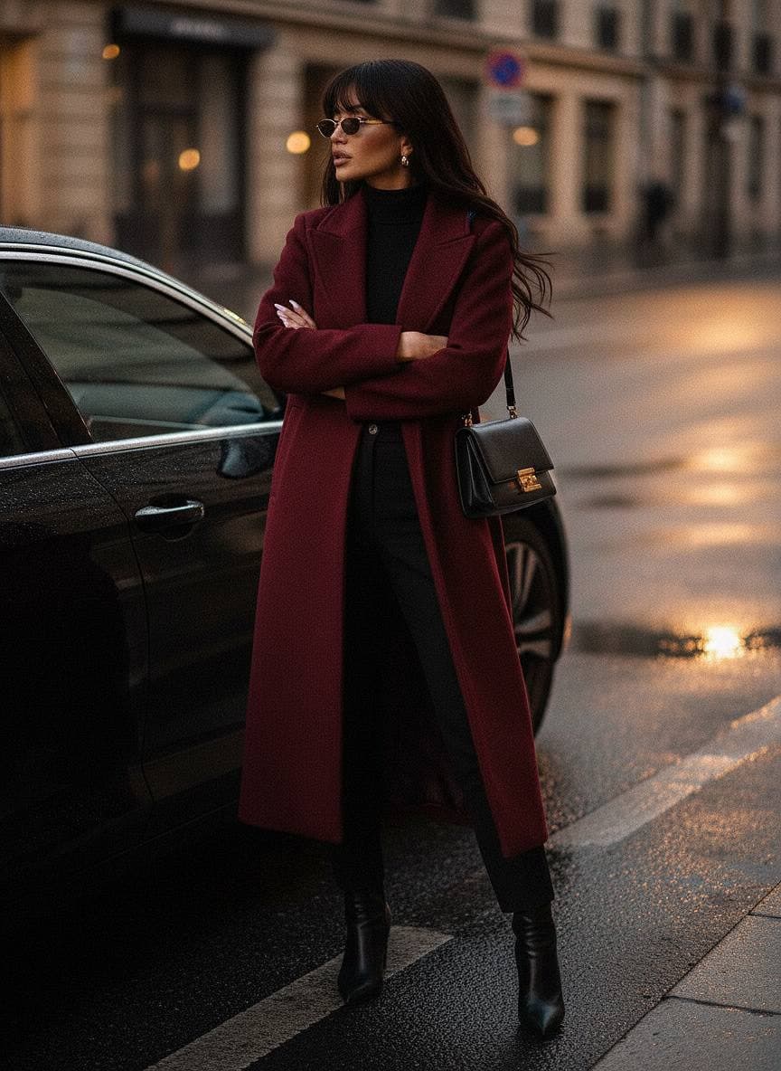 A confident woman in a dark-red coat stands near a parked car on a wet street, reflecting city lights, exuding calm power.