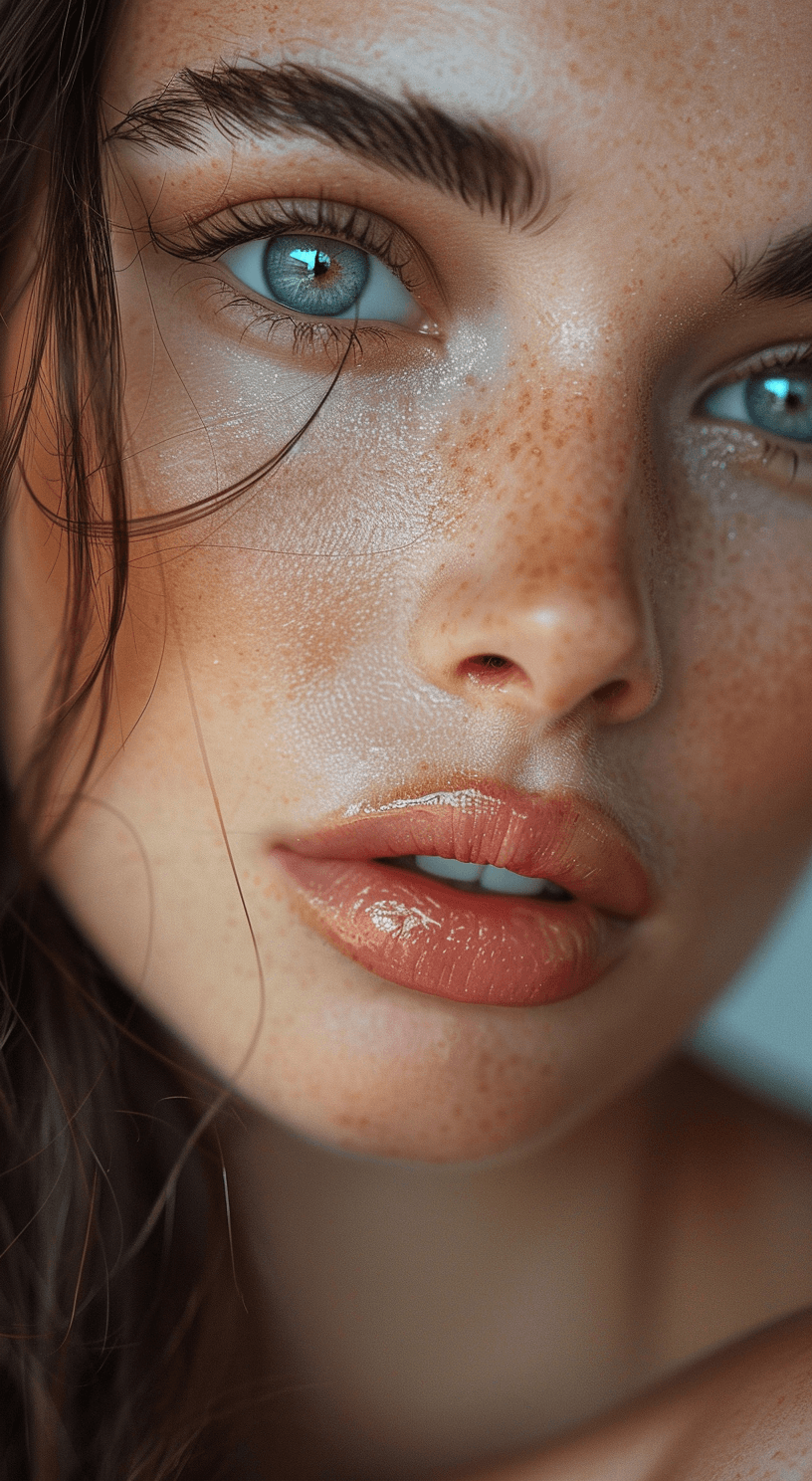 Close-up ultra-realistic portrait of a stunning fashion model in a beautifully lit setting.