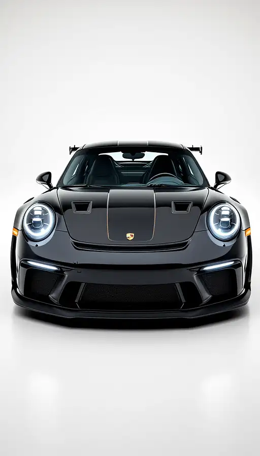 Black Porsche 911 GT3 in a bright studio, showcasing its sleek design and intricate details with professional lighting.