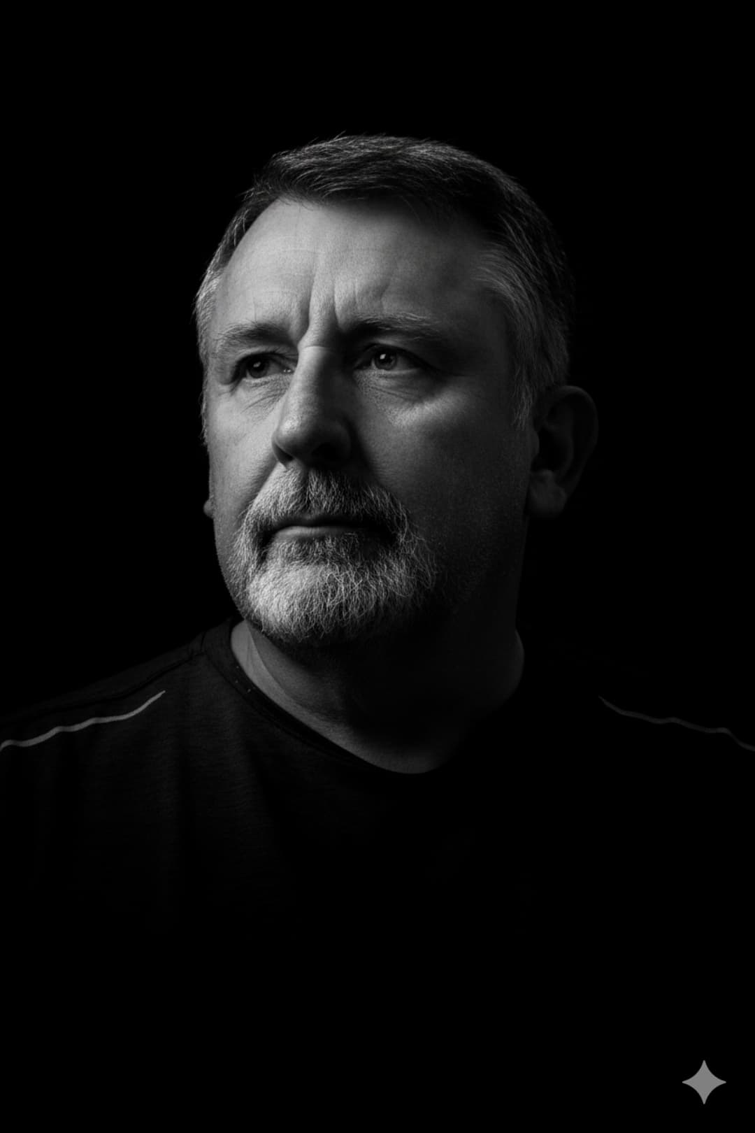 Intense black and white portrait highlighting facial features with dramatic lighting and a minimalist black background.