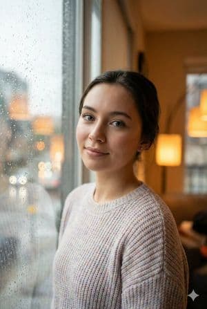 A cozy portrait of a person under soft, rainy light, showcasing warm tones and realistic features.