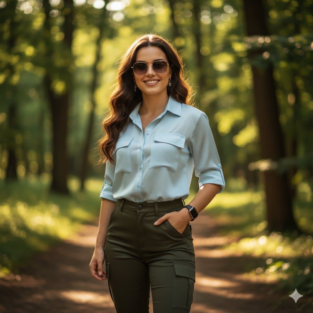 A confident woman standing in a lush green forest, wearing a pastel blue button-up shirt and dark olive cargo pants, with soft sunlight filtering through the trees.