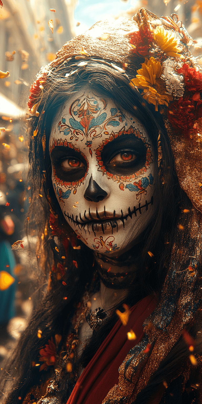 A breathtaking portrait capturing the vibrant colors and intricate details of a Dia de los Muertos participant.