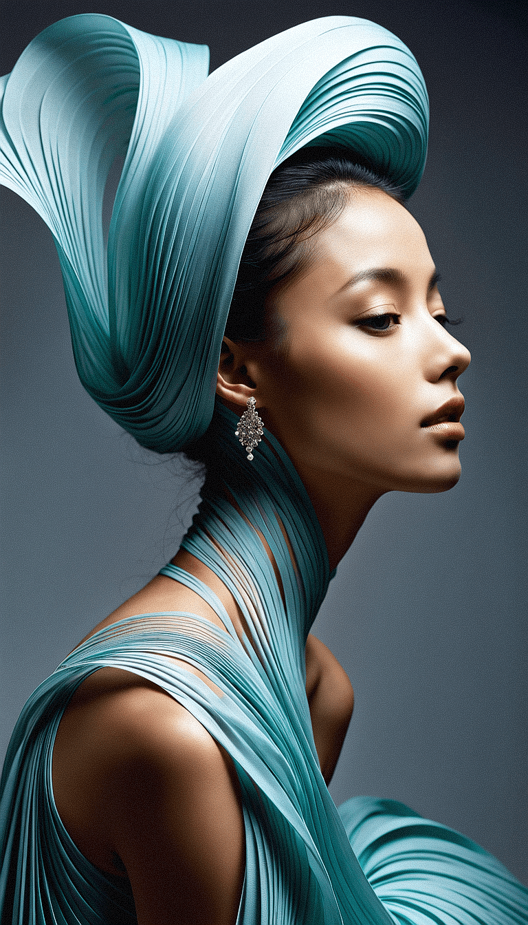 A portrait showcasing a person with a flowing aquamarine hairstyle and garment, blending seamlessly against a gray background.