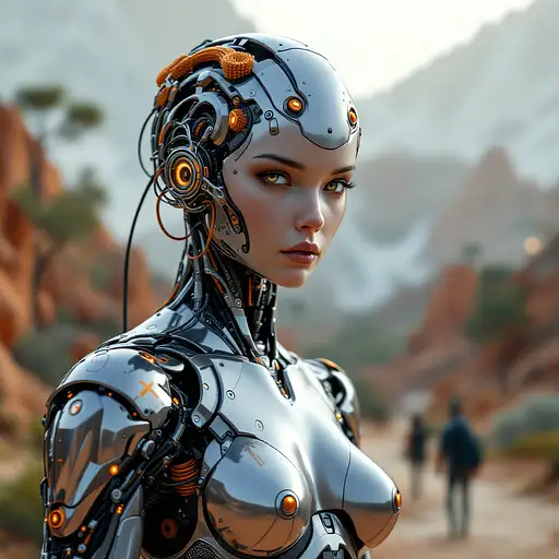 A futuristic model with cybernetic enhancements against a backdrop of a vibrant city and waterfall, showcasing intricate mechanical details.