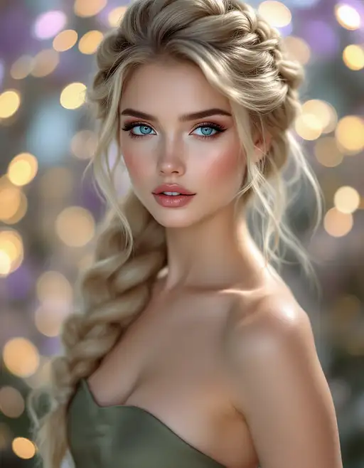 A stunning young woman with flawless porcelain skin and golden-blonde hair styled in a thick braid, showcasing her captivating beauty.