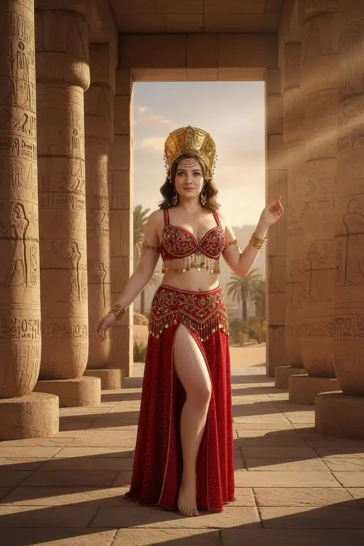 A woman in a sumptuous red oriental dance costume stands in a vibrant desert temple with ornate columns and a captivating aura.