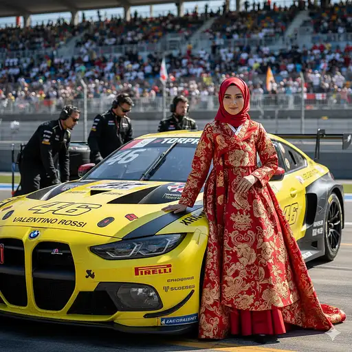A Muslim woman in a Hanbok-style dress and matching hijab poses beside a brightly colored BMW M4 GT3 EVO race car.