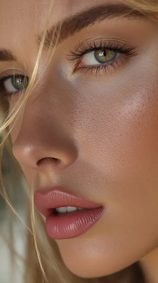 Close-up portrait of a stunning fashion model, showcasing flawless skin and high fashion details.