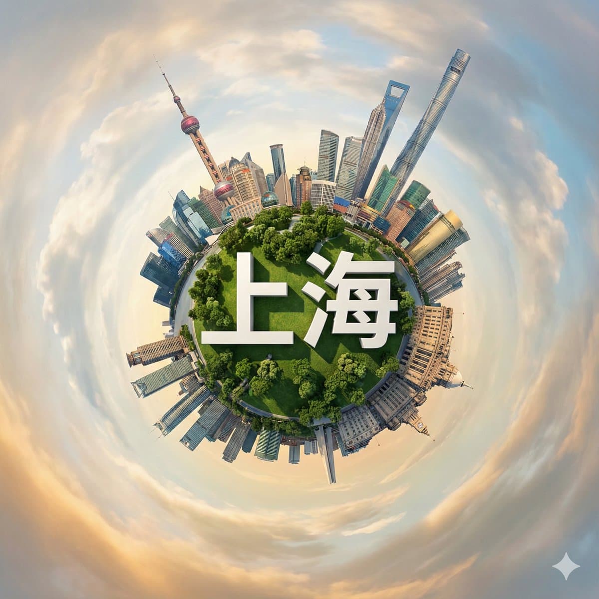 A hyperrealistic miniature planet depicting Shanghai, featuring iconic landmarks wrapped around a lush green park under soft golden hour light.