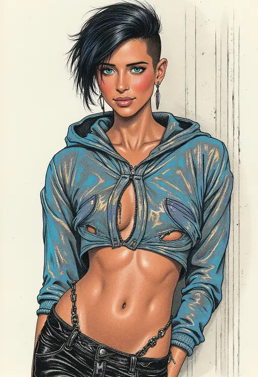 Full body pencil and ink drawing of a Chhattisgarhi-Mestizo female singer with aquamarine eyes and intricate outfit, set in a nighttime urban environment.