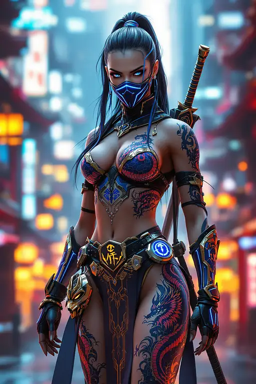 Ultra-realistic portrayal of cyberpunk Kitana in a high-tech suit with glowing details and intricate patterns.