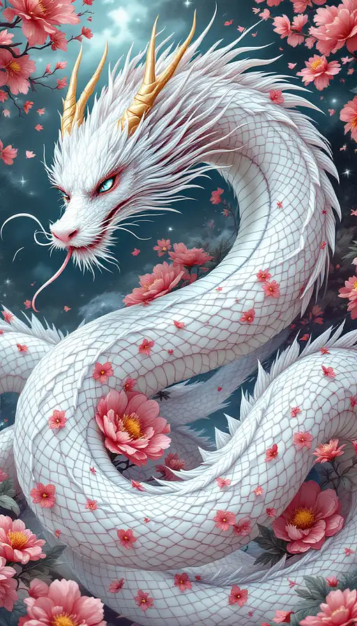 A whimsical illustration of a white dragon entwining a harajuku-style woman, displaying intricate details and vibrant colors.