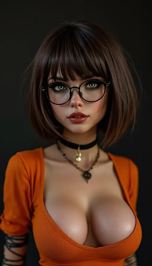 Ultra realistic full body photo of a sultry Velma from Scooby-Doo, showcasing athletic build and gothic style.