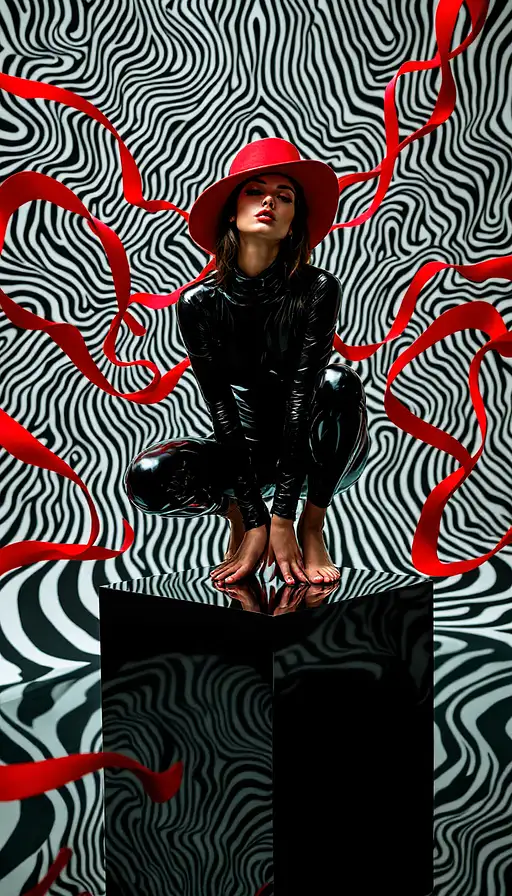 A woman in a black leather bodysuit squats on a reflective cube, wearing a dramatic red hat with flowing ribbons against a geometric backdrop.