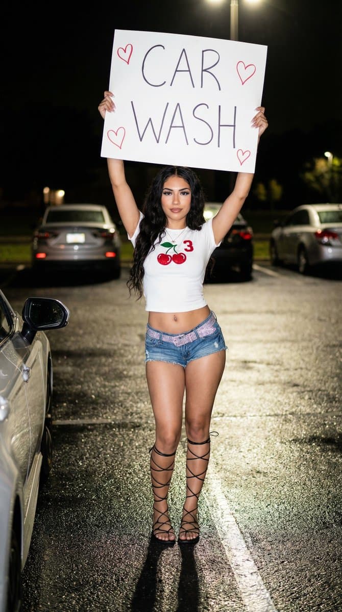 A young woman with dark wavy hair poses confidently in a wet parking lot, holding a CAR WASH sign under bright flash lighting.