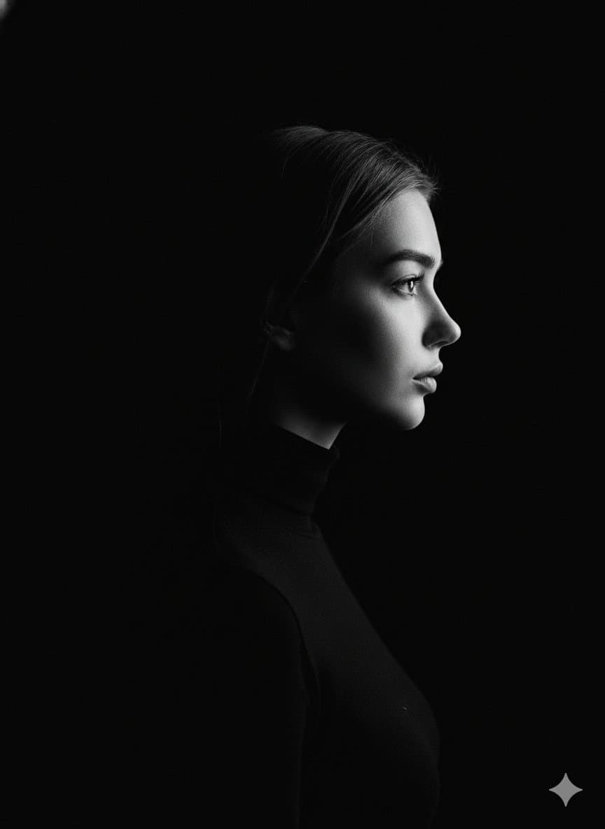 High-contrast black and white side-profile portrait featuring a contemplative expression in a dark void.