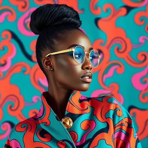 A high-resolution portrait of a confident woman with dark skin, styled in a vibrant outfit featuring teal, orange, and pink patterns.